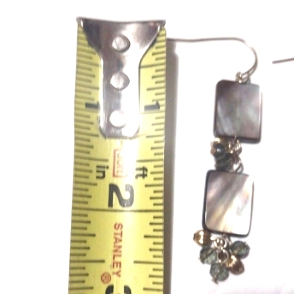 VINTAGE ABALONE SHELL AND TINY BEADED DROP DANGLE HOOK 3" EARRINGS - Picture 5 of 9